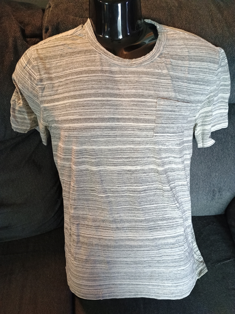 H&M L.O.G.G. Men’s Medium Gray White Striped Space Dye Pocket T-Shirt